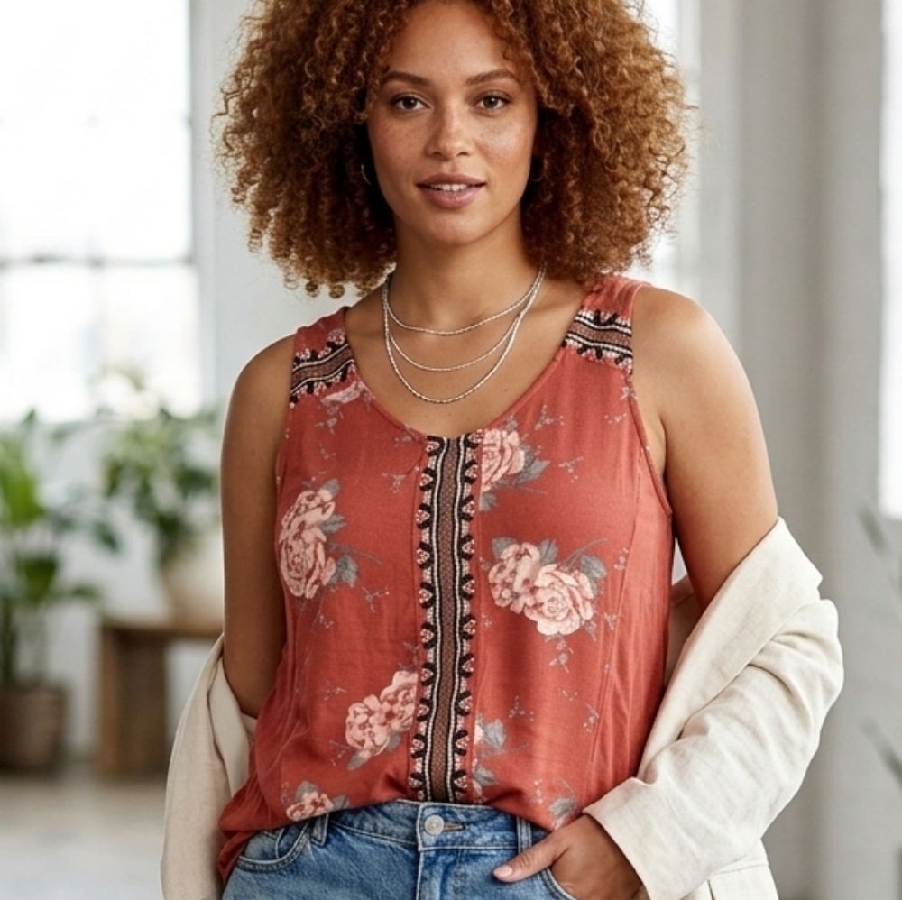 Ricki's Rust Orange BOHO Floral Tribal Embroidered Trim Women's Tank Top Size M